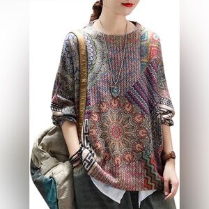 Yesno cotton wool Boho Floral Mosaic Print Women's Sweater Top Sz XL